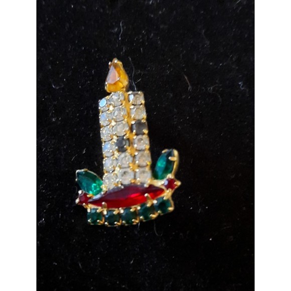 Christmas Candlestick Vintage Brooch Pin Rhinestones Red Green Clear Stones - Picture 2 of 6